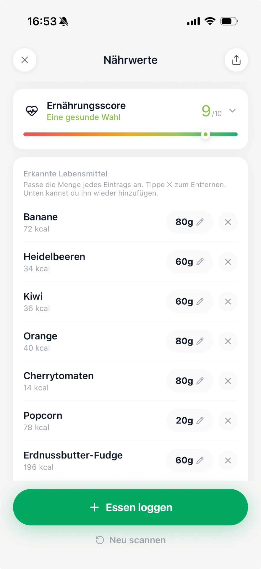 Bearbeitung erkannter Lebensmittel und Mengen in Macroful