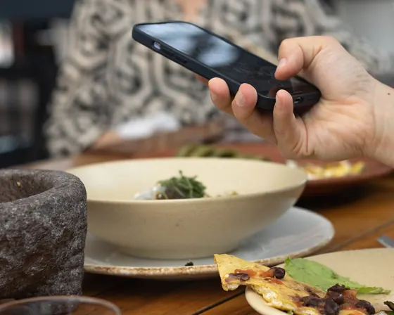 A person photographing a meal to track calories on an iPhone