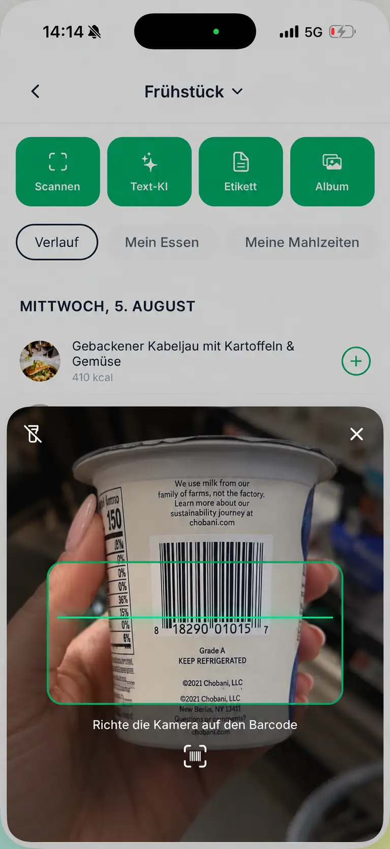 Scan a packaged product's barcode to pull up its nutrition values.