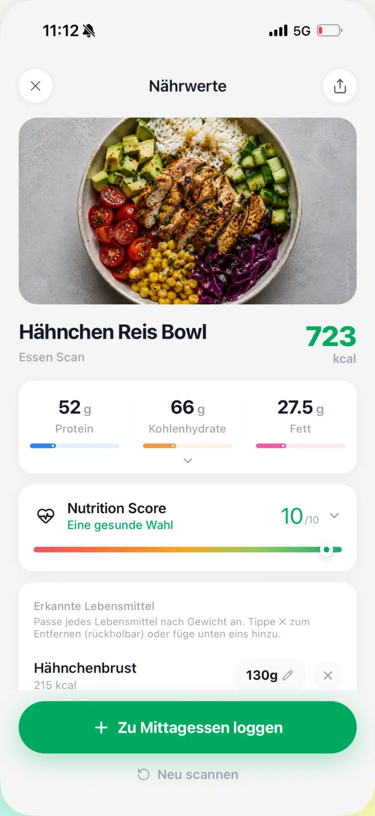 Macroful nutrition result for a scanned meal